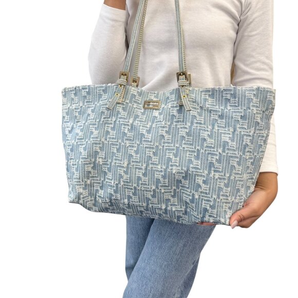 FENDI Vintage Zucca Monogram Denim Shoulder Tote Large Bag Blue FF Logo [106208] - Picture 2 of 16